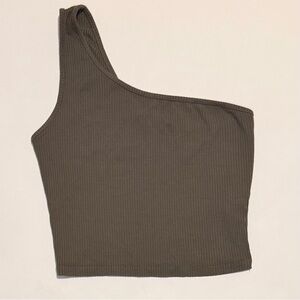 Garage One-Shoulder Ribbed Crop Top | Dark Olive | Small